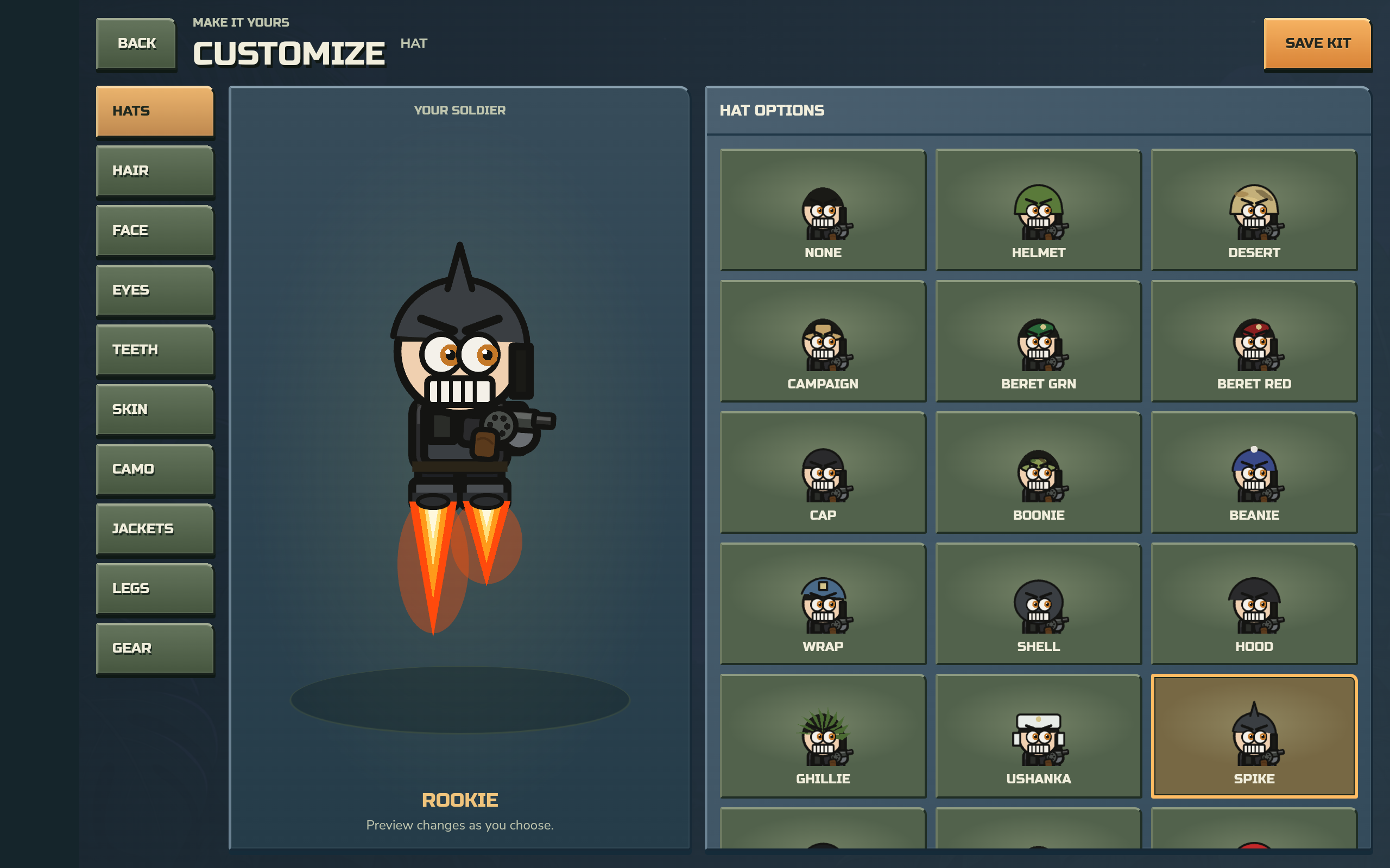 Sootfall character workshop with a full-body preview and selectable hats