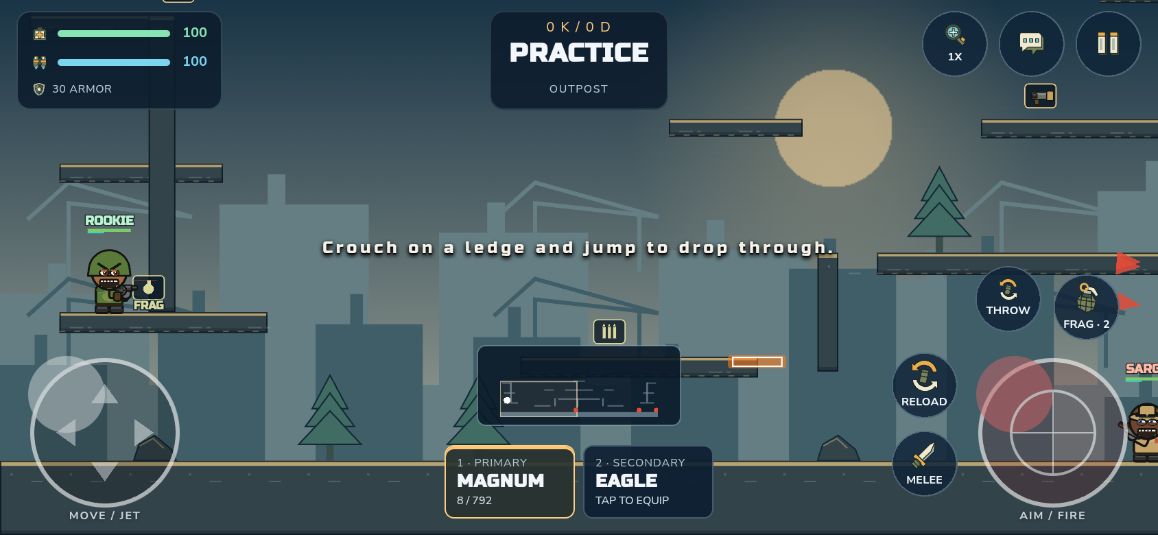 Actual Android gameplay showing jetpack controls, weapon slots and a wide view of Outpost