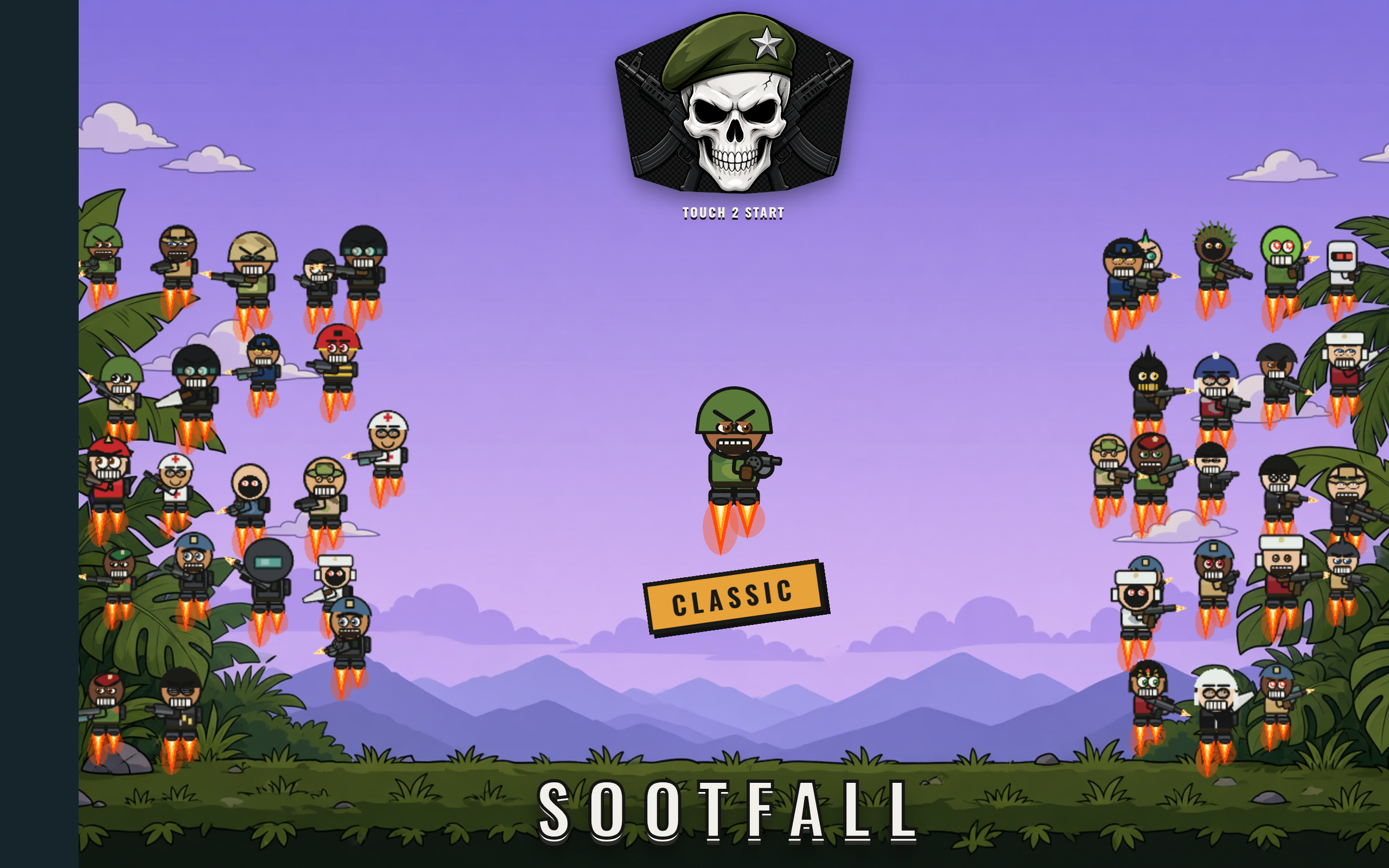 Sootfall's original opening cover: a jetpack fighter surrounded by the character roster