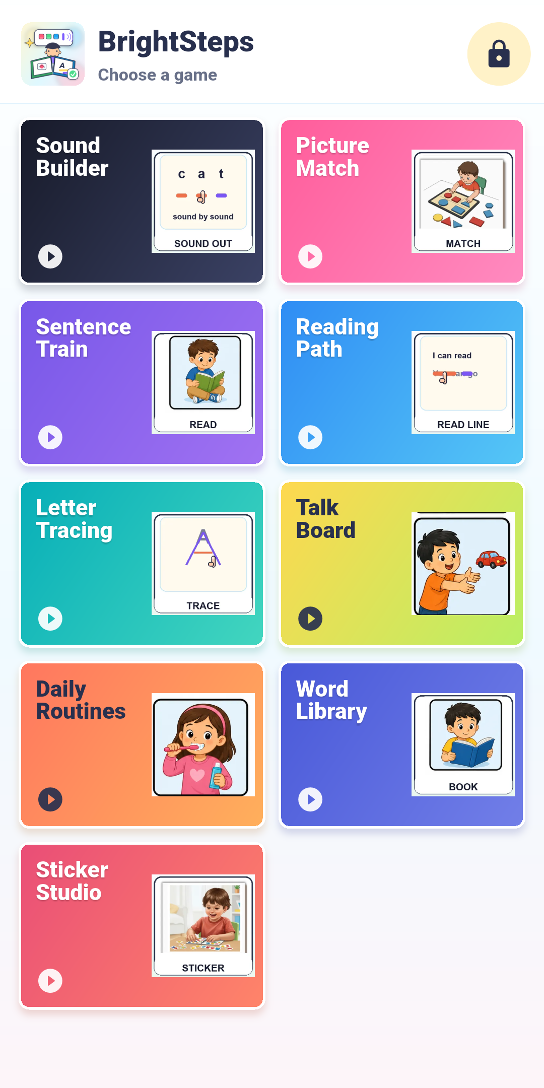 BrightSteps colorful two-column activity menu